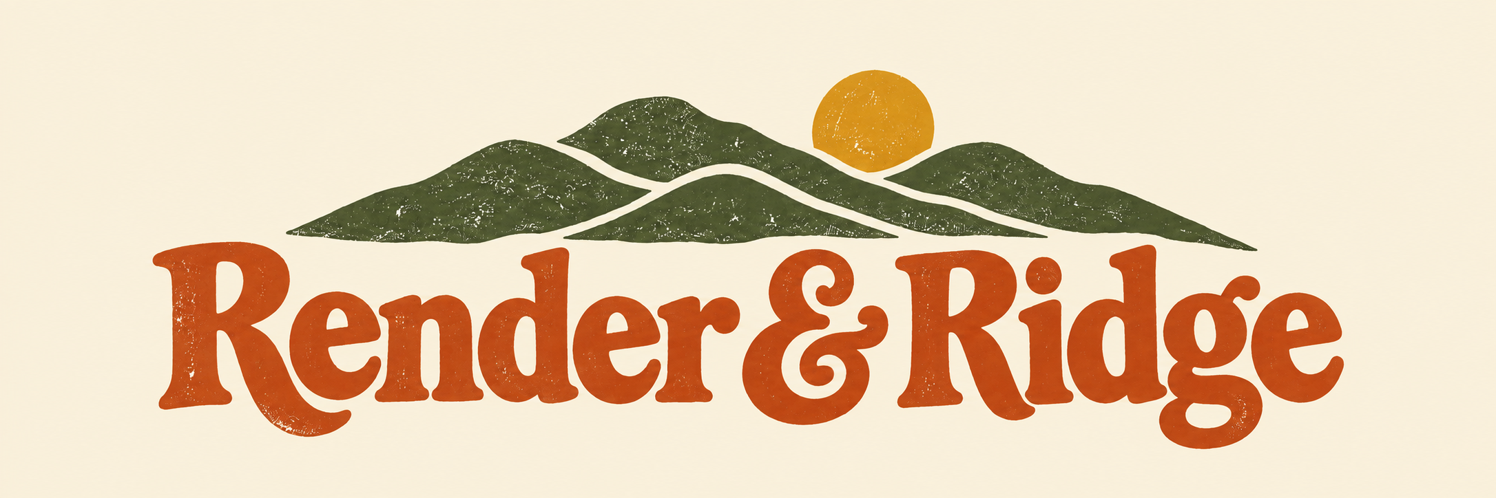 Render & Ridge, with moss-green foothills and a golden sun